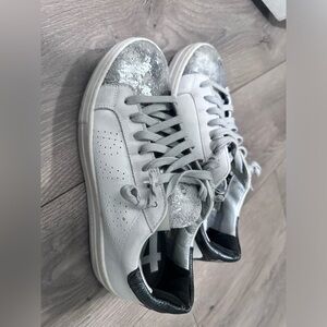P448 Sneakers Womens Size 7-7.5/38 White Leather Metallic Toe Tennis Shoe Thea